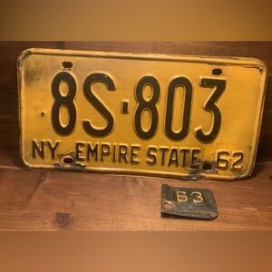 Vintage 1962 NY EMPIRE STATE License Plate 8S- 803 W/ 63 Tag